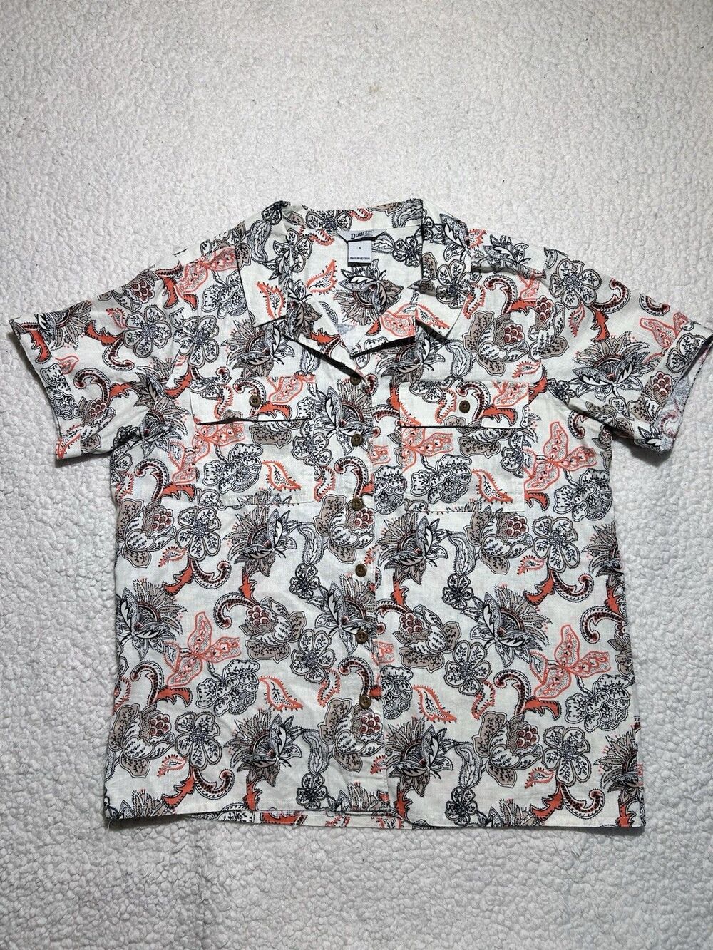 Duluth Trading Co Women Small S Button Down Shirt Paisley Floral Short Sleeve